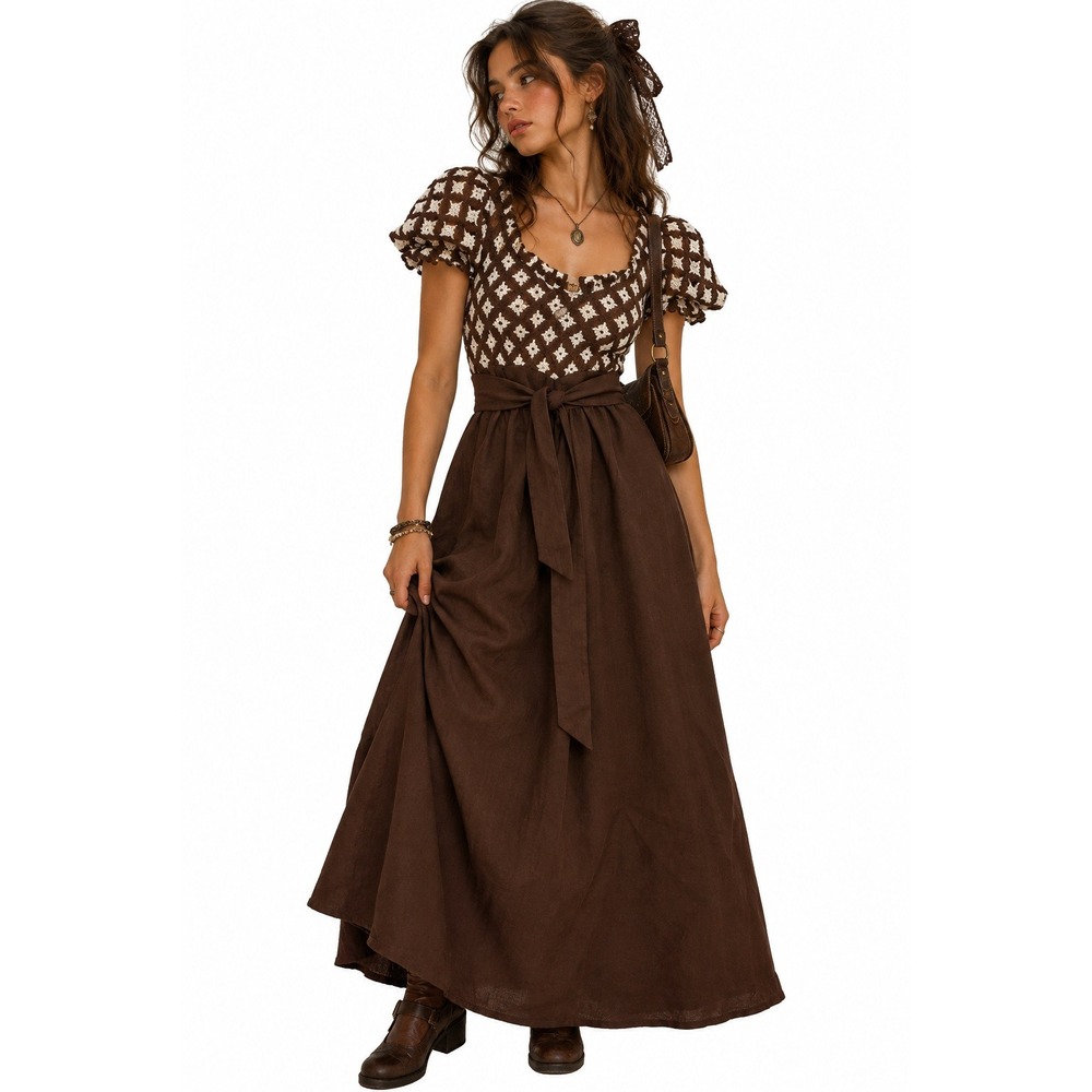 Vintage 70s Maxi Dress sz S Argyle Print Brown Dark Cottagecore WesternTie